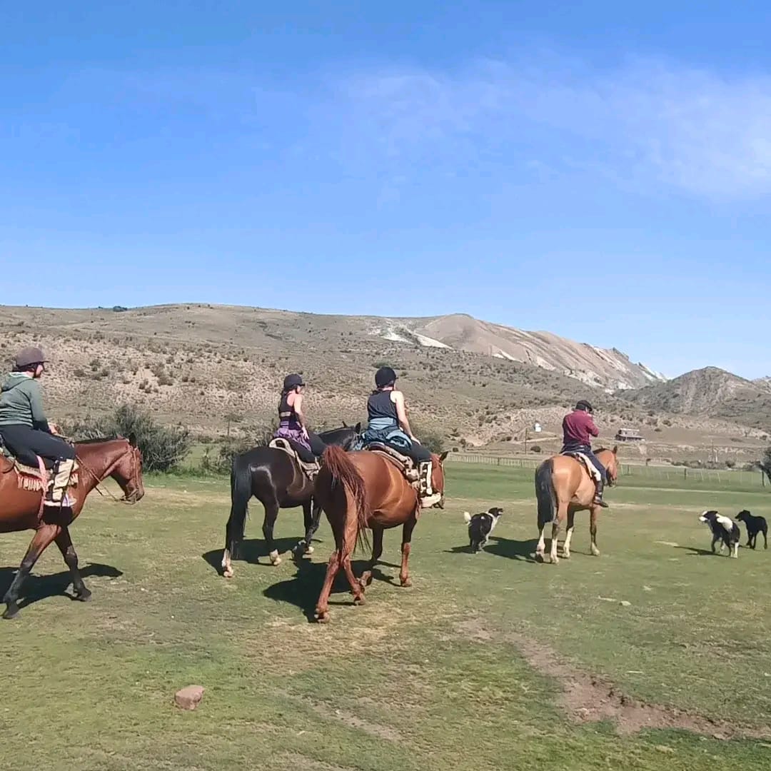 Grupo de cabalgata avanzando por un valle montañoso